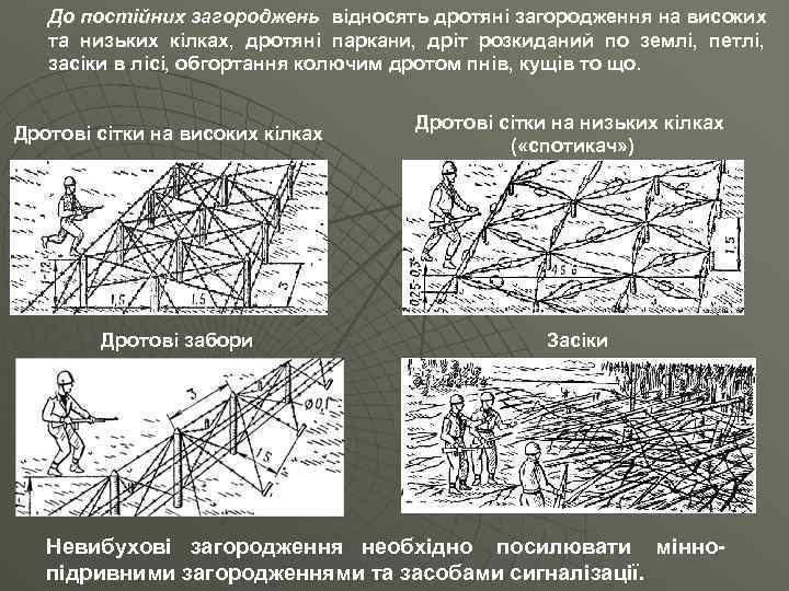 До постійних загороджень відносять дротяні загородження на високих та низьких кілках, дротяні паркани, дріт