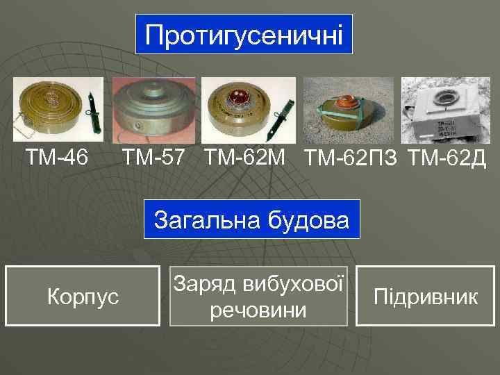Протигусеничні ТМ-46 ТМ-57 ТМ-62 М ТМ-62 ПЗ ТМ-62 Д Загальна будова Корпус Заряд вибухової
