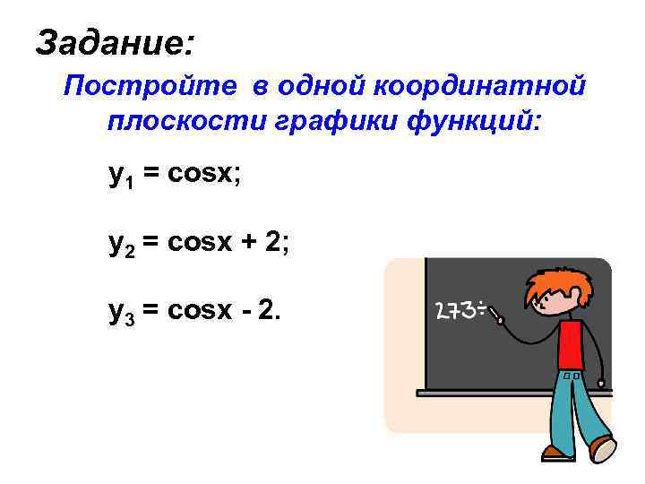 Задание: Постройте в одной координатной плоскости графики функций: y 1 = cosx; у2 =