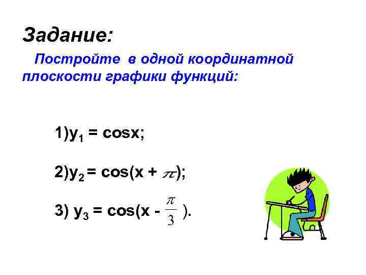 Задание: Постройте в одной координатной плоскости графики функций: 1)y 1 = cosx; 2)у2 =