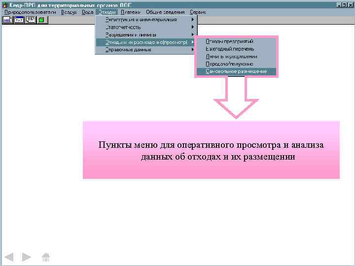 Пункты меню для оперативного просмотра и анализа данных об отходах и их размещении 