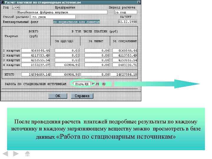 После проведения расчета платежей подробные результаты по каждому источнику и каждому загрязняющему веществу можно