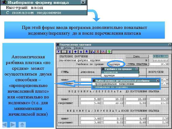 При этой форме ввода программа дополнительно показывает недоимку/переплату до и после перечисления платежа Автоматическая