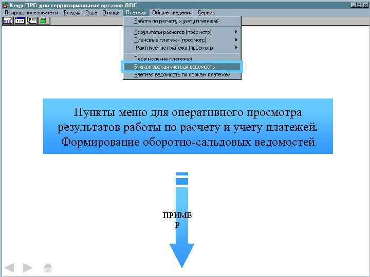 Пункты меню для оперативного просмотра результатов работы по расчету и учету платежей. Формирование оборотно-сальдовых