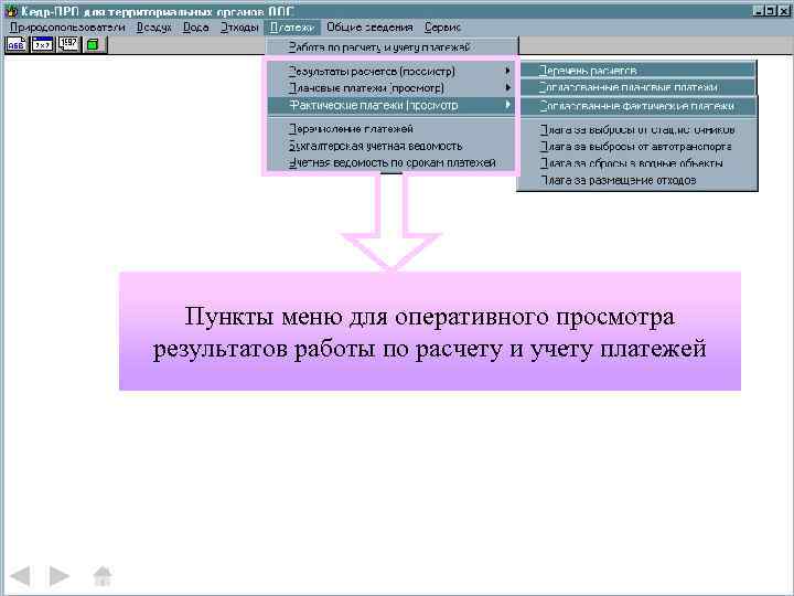 Пункты меню для оперативного просмотра результатов работы по расчету и учету платежей 