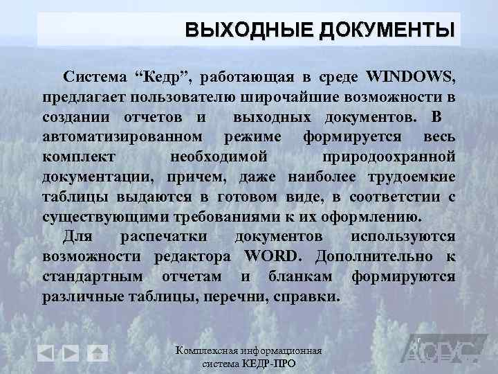 ВЫХОДНЫЕ ДОКУМЕНТЫ Система “Кедр”, работающая в среде WINDOWS, предлагает пользователю широчайшие возможности в создании