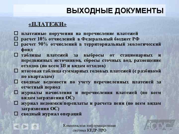 ВЫХОДНЫЕ ДОКУМЕНТЫ «ПЛАТЕЖИ» o платежные поручения на перечисление платежей o расчет 10% отчислений в