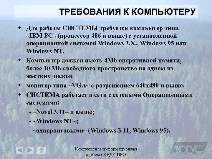 ТРЕБОВАНИЯ К КОМПЬЮТЕРУ w Для работы СИСТЕМЫ требуется компьютер типа ~IBM PC~ (процессор 486