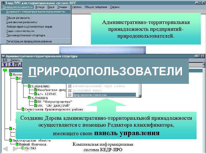Административно-территориальная принадлежность предприятийприродопользователей. ПРИРОДОПОЛЬЗОВАТЕЛИ Создание Дерева административно-территориальной принадлежности осуществляется с помощью Редактора классификатора, имеющего