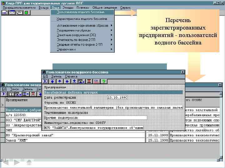 Перечень зарегистрированных предприятий - пользователей водного бассейна ВОДА 