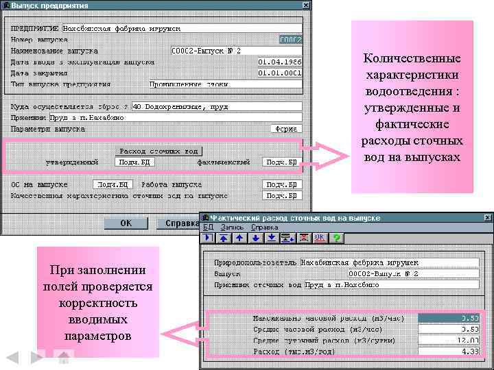 Количественные характеристики водоотведения : утвержденные и фактические расходы сточных вод на выпусках При заполнении