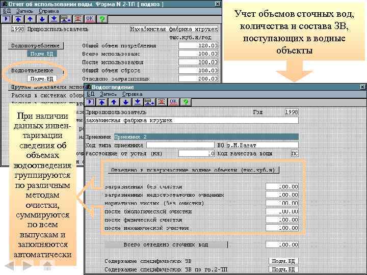Учет объемов сточных вод, количества и состава ЗВ, поступающих в водные объекты При наличии