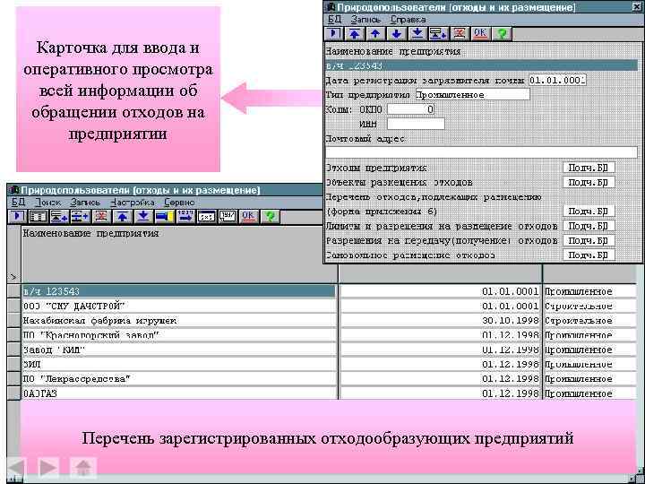 Карточка для ввода и оперативного просмотра всей информации об обращении отходов на предприятии Перечень
