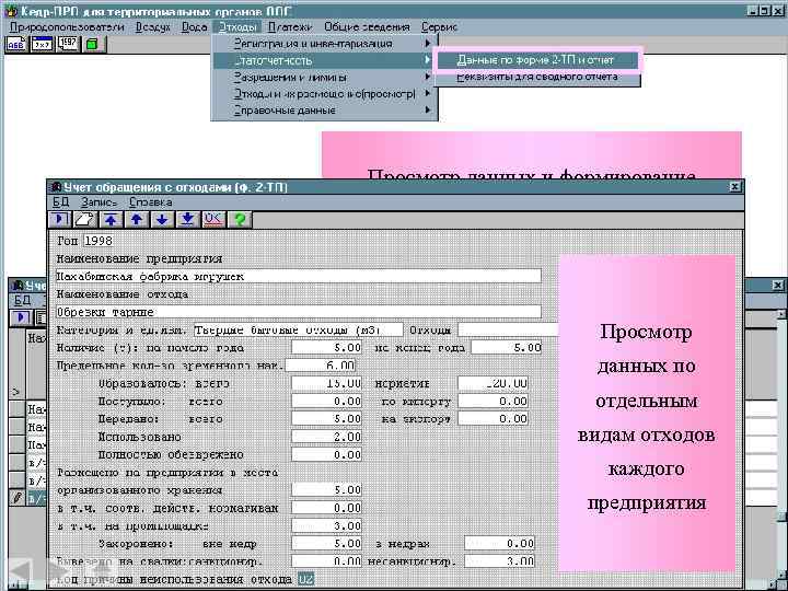 Просмотр данных и формирование сводного отчета 2 -ТП (токсичные отходы) Просмотр данных по отдельным