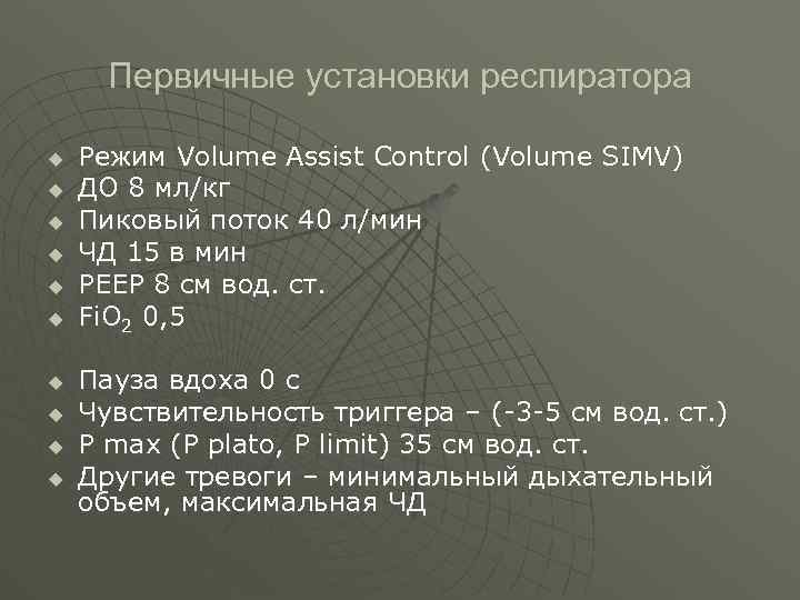  Первичные установки респиратора u Режим Volume Assist Control (Volume SIMV) u ДО 8