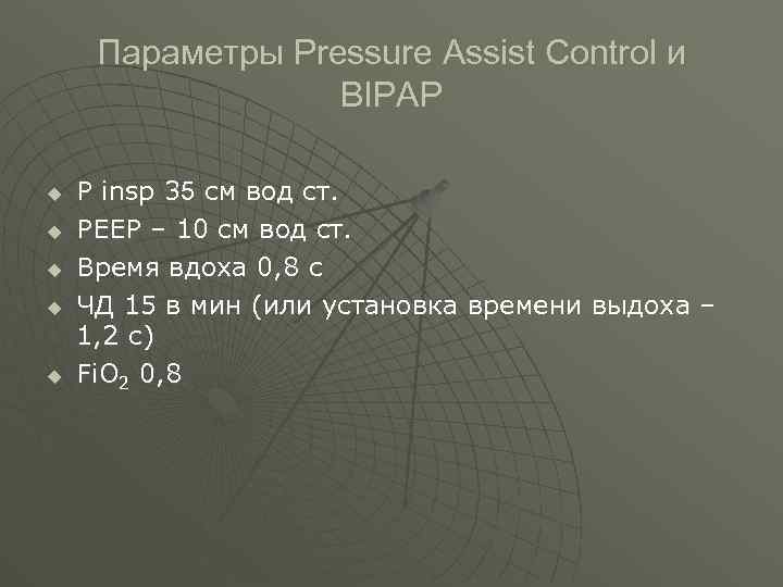  Параметры Pressure Assist Control и BIPAP u P insp 35 см вод ст.