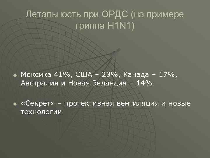  Летальность при ОРДС (на примере гриппа H 1 N 1) u Мексика 41%,