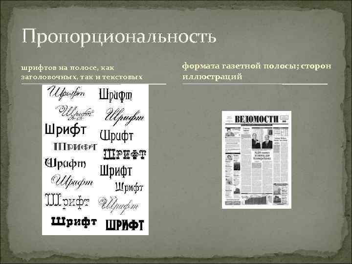 Пропорциональность шрифтов на полосе, как   формата газетной полосы; сторон заголовочных, так и