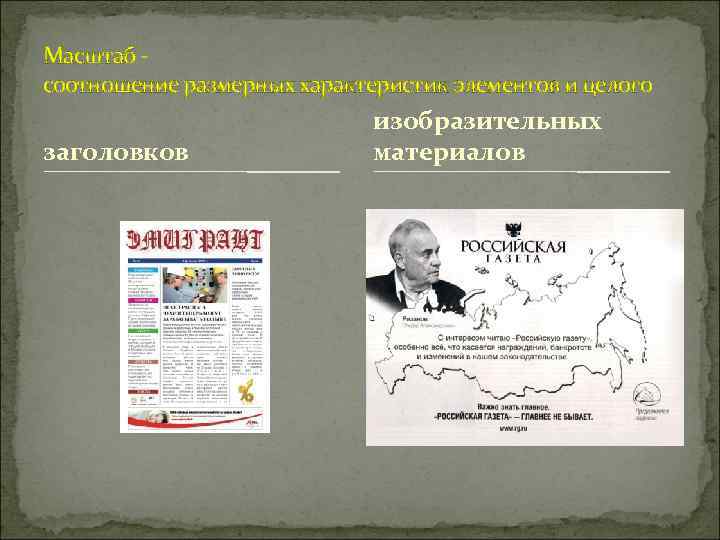 Масштаб - соотношение размерных характеристик элементов и целого     изобразительных заголовков