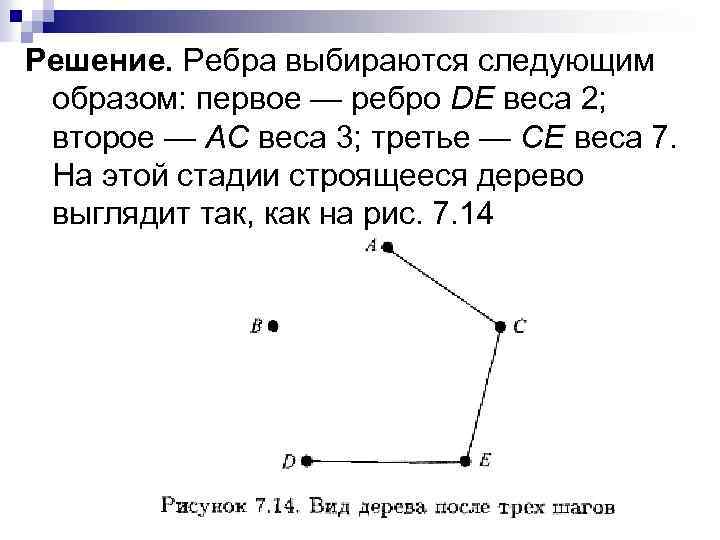 Решение. Ребра выбираются следующим образом: первое — ребро DE веса 2; второе — АС