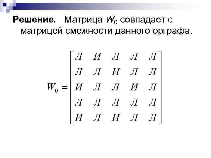 Решение. Матрица W 0 совпадает с матрицей смежности данного орграфа. 