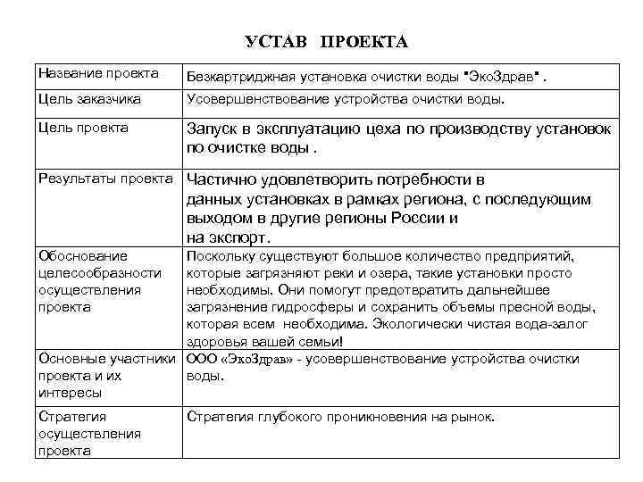 Устав проекта паспорт проекта