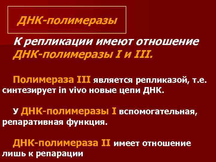 ДНК-полимеразы К репликации имеют отношение ДНК-полимеразы I и III. Полимераза III является репликазой, т.