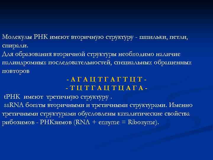 Молекулы РНК имеют вторичную структуру - шпильки, петли, спирали. Для образования вторичной структуры необходимо