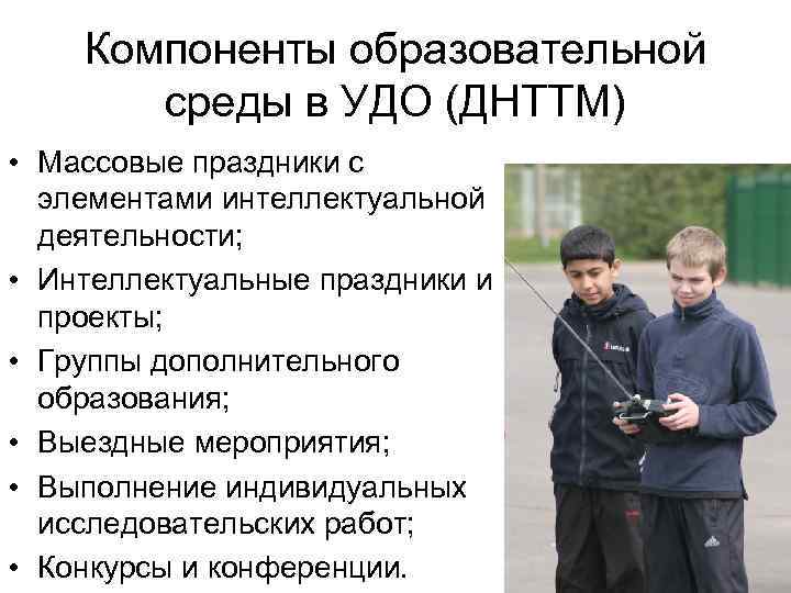 Компоненты образовательной среды в УДО (ДНТТМ) • Массовые праздники с элементами интеллектуальной деятельности; •