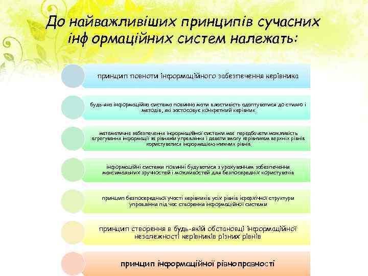 До найважливіших принципів сучасних інформаційних систем належать: принцип повноти інформаційного забезпечення керівника будь-яка інформаційна