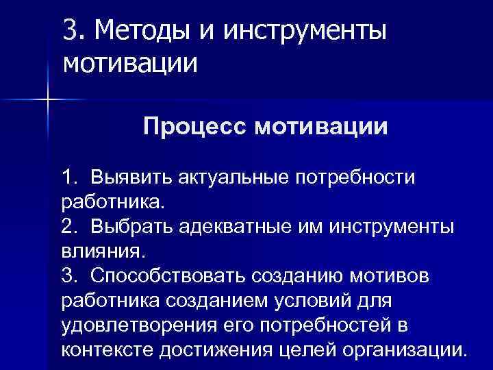3. Методы и инструменты мотивации Процесс мотивации 1. Выявить актуальные потребности работника. 2. Выбрать
