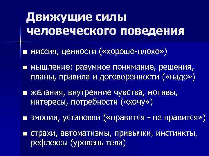 Движущие силы человеческого поведения n миссия, ценности ( «хорошо-плохо» ) n мышление: разумное понимание,