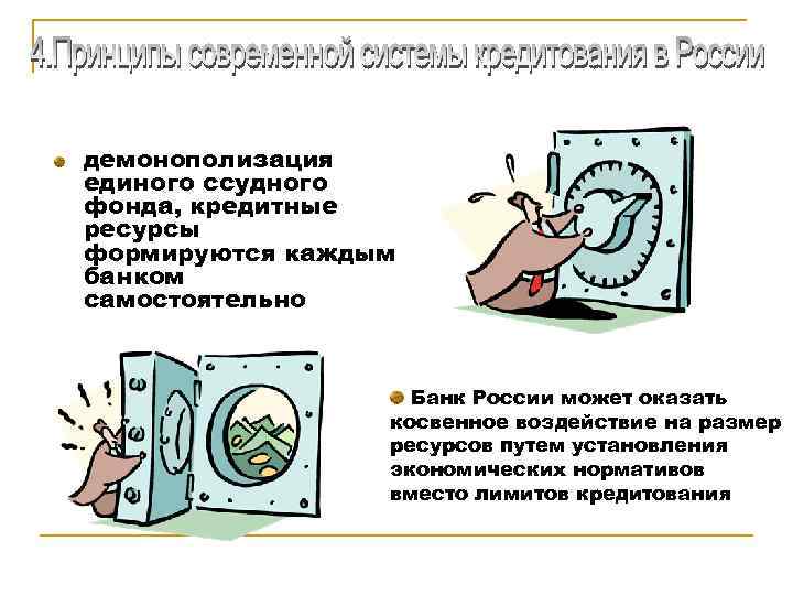 демонополизация единого ссудного фонда, кредитные ресурсы формируются каждым банком самостоятельно Банк России может оказать