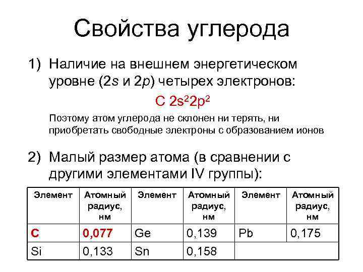 Свойства углерода 1) Наличие на внешнем энергетическом уровне (2 s и 2 p) четырех