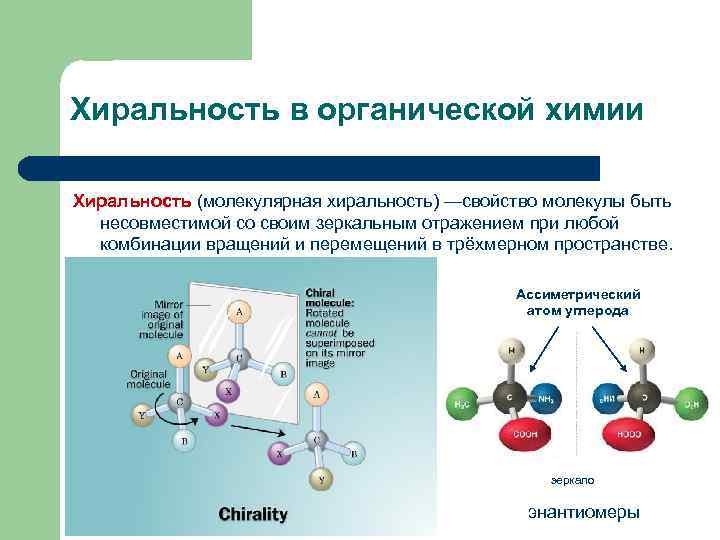 Хиральность в органической химии Хиральность (молекулярная хиральность) —свойство молекулы быть несовместимой со своим зеркальным