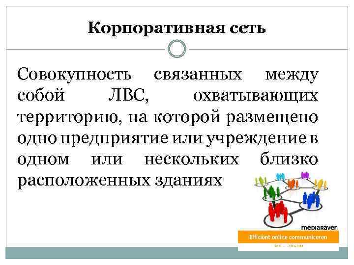 Корпоративная сеть Совокупность связанных между собой ЛВС, охватывающих территорию, на которой размещено одно предприятие