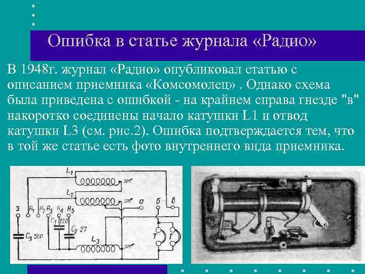 Ошибка в статье журнала «Радио» В 1948 г. журнал «Радио» опубликовал статью с описанием