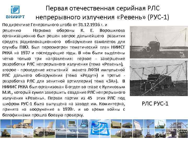 Первая отечественная серийная РЛС непрерывного излучения «Ревень» (РУС 1) По директиве Генерального штаба от