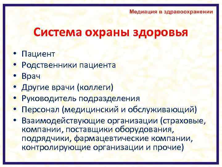 Система охраны здоровья • • Пациент Родственники пациента Врач Другие врачи (коллеги) Руководитель подразделения