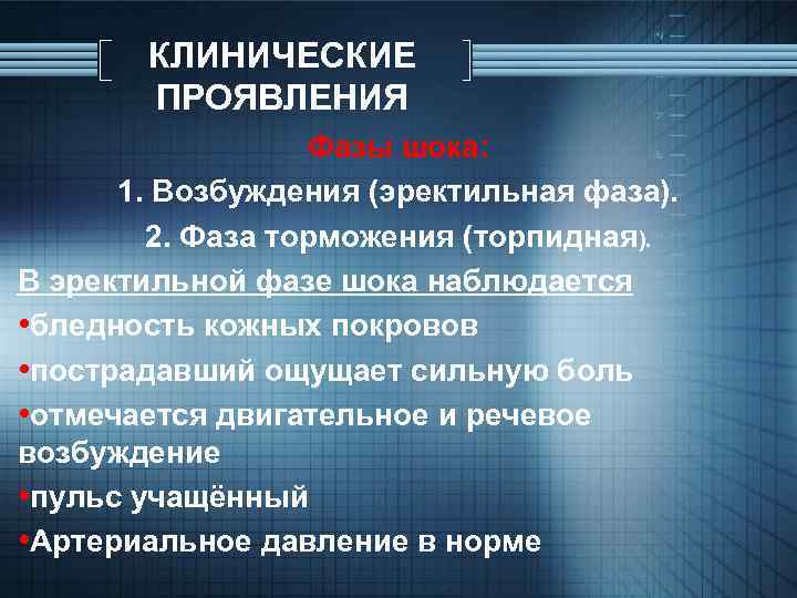 КЛИНИЧЕСКИЕ ПРОЯВЛЕНИЯ Фазы шока: 1. Возбуждения (эректильная фаза). 2. Фаза торможения (торпидная). В эректильной