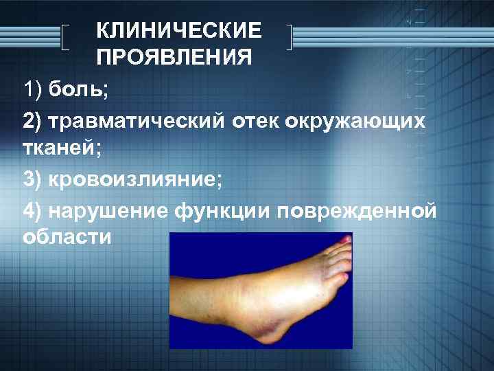 КЛИНИЧЕСКИЕ ПРОЯВЛЕНИЯ 1) боль; 2) травматический отек окружающих тканей; 3) кровоизлияние; 4) нарушение функции