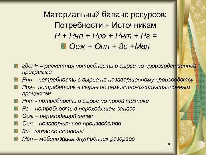 Материальный баланс ресурсов: Потребности = Источникам Р + Рнп + Ррэ + Рнт +