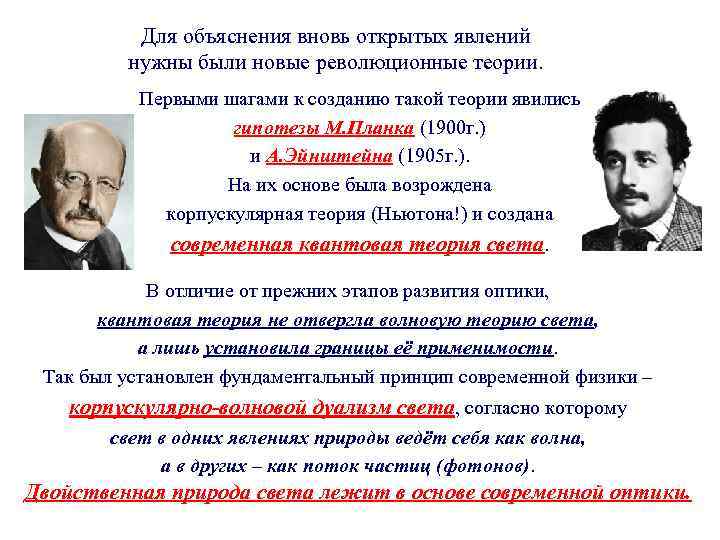 Для объяснения вновь открытых явлений нужны были новые революционные теории. Первыми шагами к созданию