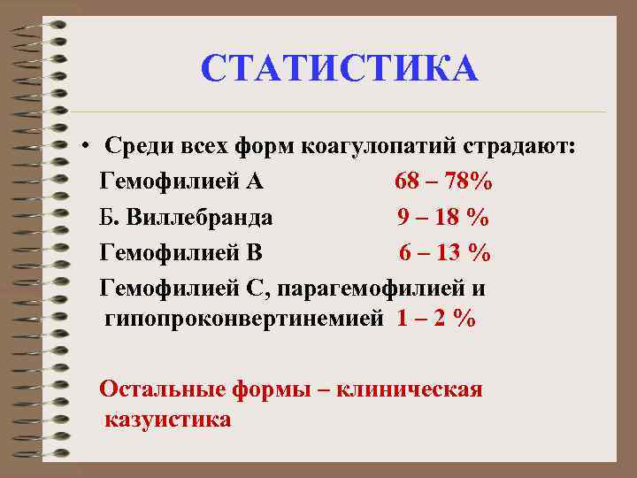 СТАТИСТИКА • Среди всех форм коагулопатий страдают: Гемофилией А 68 – 78% Б. Виллебранда