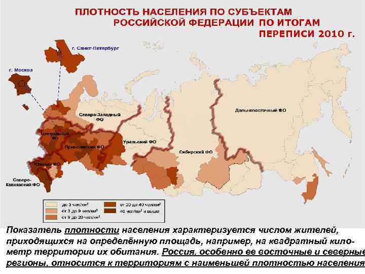 ПО ИТОГАМ ПЕРЕПИСИ 2010 г. Показатель плотности населения характеризуется числом жителей, приходящихся на определённую