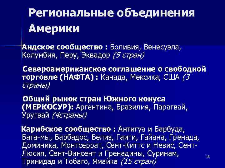 Региональные объединения Америки Андское сообщество : Боливия, Венесуэла, Колумбия, Перу, Эквадор (5 стран) Североамериканское