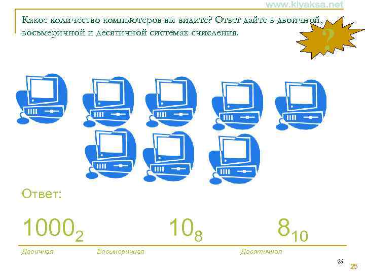 Какое количество компьютеров вы видите? Ответ дайте в двоичной, восьмеричной и десятичной системах счисления.