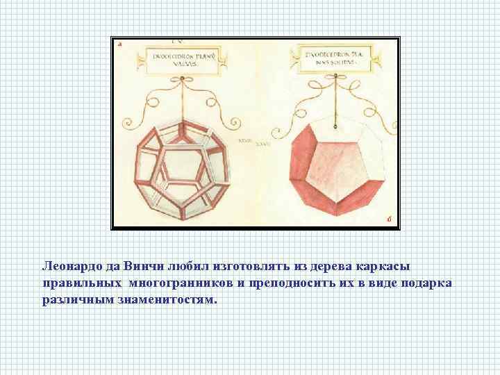 Леонардо да Винчи любил изготовлять из дерева каркасы правильных многогранников и преподносить их в