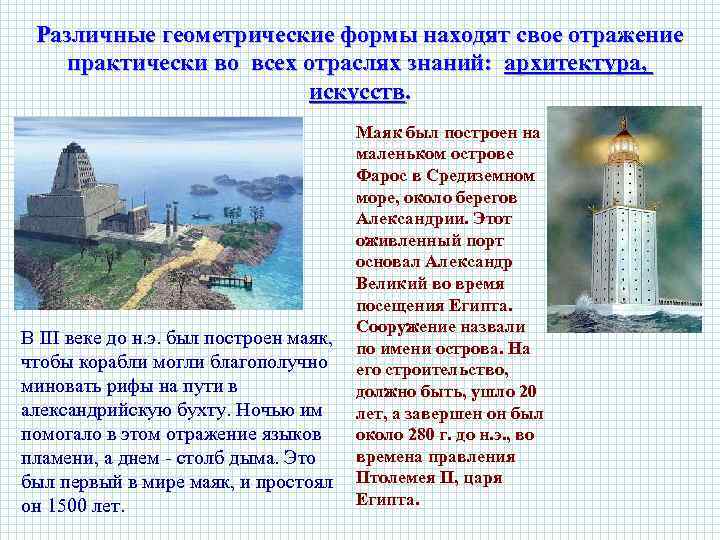 Различные геометрические формы находят свое отражение практически во всех отраслях знаний: архитектура, искусств. Маяк