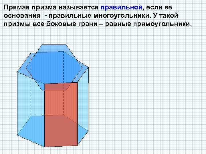 Прямая призма называется правильной, если ее , основания - правильные многоугольники. У такой призмы